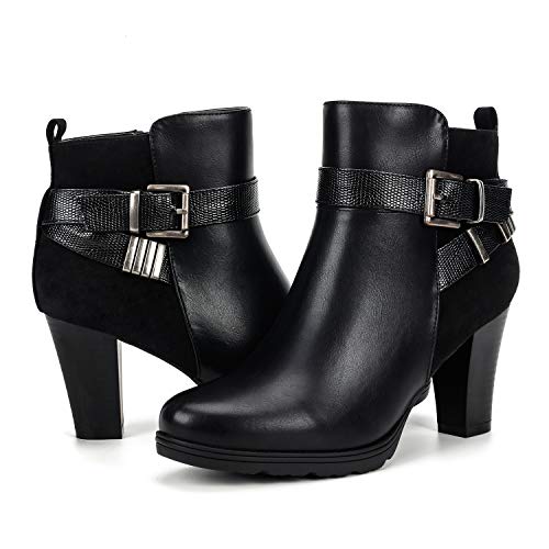 mysoft Women's Zipper Booties Chunky Stacked Heel Ankle Boots Buckle Strap Ankle - Image 1