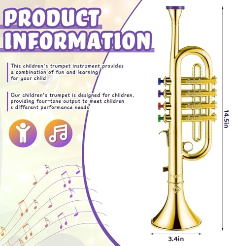 Lewtemi Gold Trumpet Musical Instruments Toy for Kid Toddler Fake Plastic Preschool Music Toy Gift NonProfessional Wind Instrument Early Educational Teaching Songs Gifts for Toddlers Children - Image 5