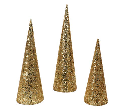 Christmas Concepts Set of 3 Various Size Christmas Cone Trees Decorations With Sequins And Beads Gold