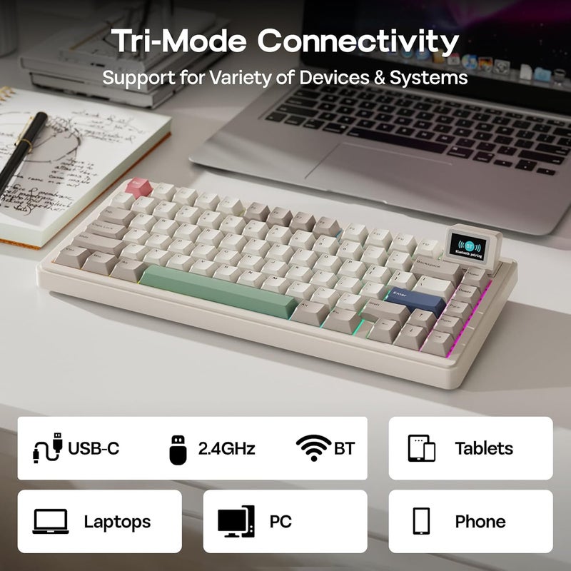 EPOMAKER RT82 Wireless Mechanical Keyboard with Screen, VIA Custom, 2.4GHz/USB-C/BT5.0, RGB Backlit, Gasket, 5-Paddings, PBT Keycaps, Hot-Swap Gaming Keyboard (Creamy Jade) - Image 4