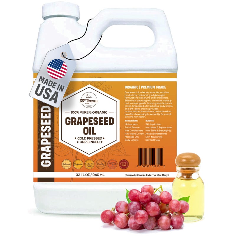 33RD PARALLEL SOAP CO. Organic GRAPESEED Oil (32 oz) Cold Pressed Unrefined | 100% Pure Natural, Non-GMO | Available in Bulk | Skin, Hair, Face, Carrier for Essential Oils, Soap Making | 32 FL OZ - Image 1