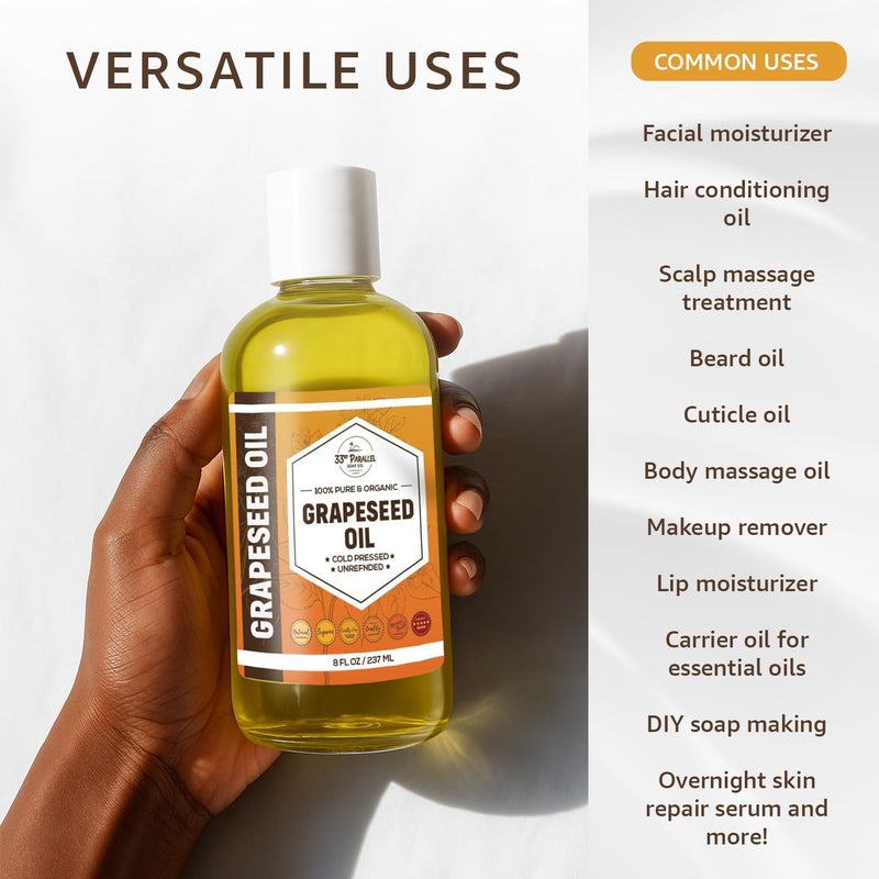 33RD PARALLEL SOAP CO. Organic GRAPESEED Oil (32 oz) Cold Pressed Unrefined | 100% Pure Natural, Non-GMO | Available in Bulk | Skin, Hair, Face, Carrier for Essential Oils, Soap Making | 32 FL OZ - Image 2