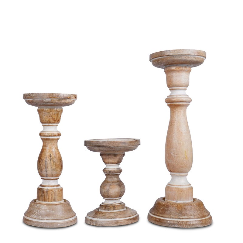 Mela Artisans Whitewashed Hand Carved Wooden Pillar Candle Holders  Set of 3  Tuli Decorative Style  Crafted from Mango Wood  Rustic Table Centerpiece Decor  Sized 6 9 and 12