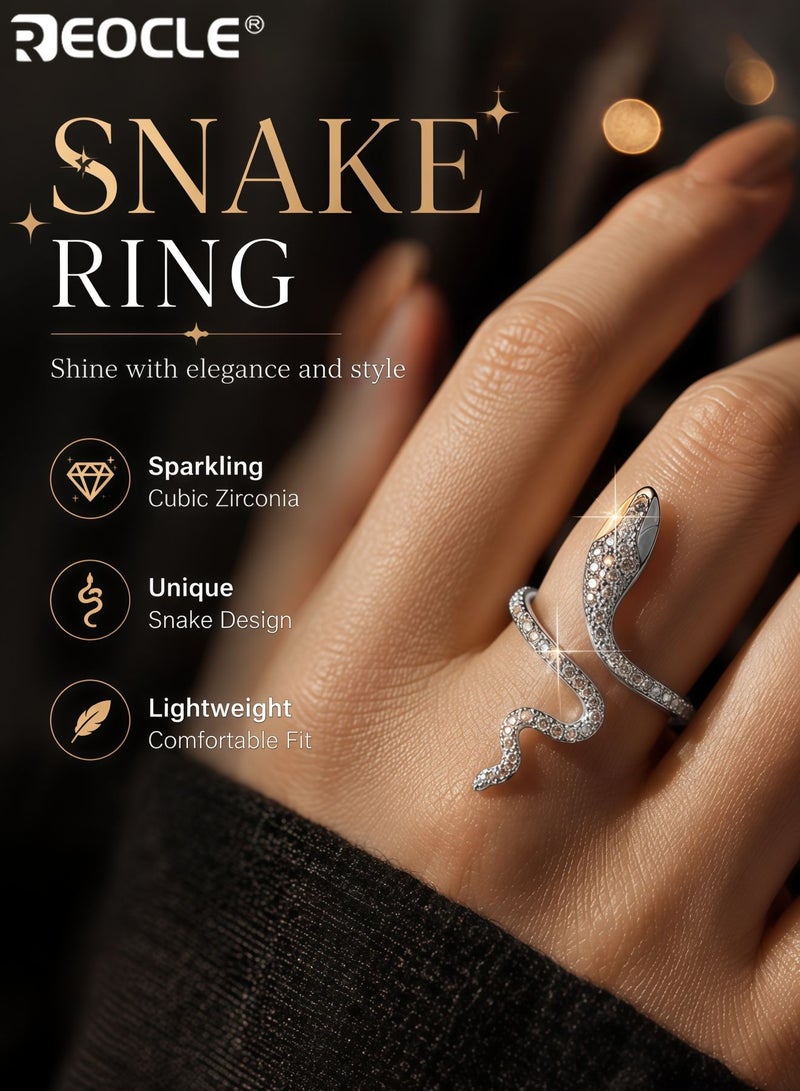 REOCLE Women's Sparkling Zirconia Encrusted Coiled Snake Ring Delicate Fashion Statement for Elegant and Bold Style for Parties Events and Daily Luxury Wear - Image 1