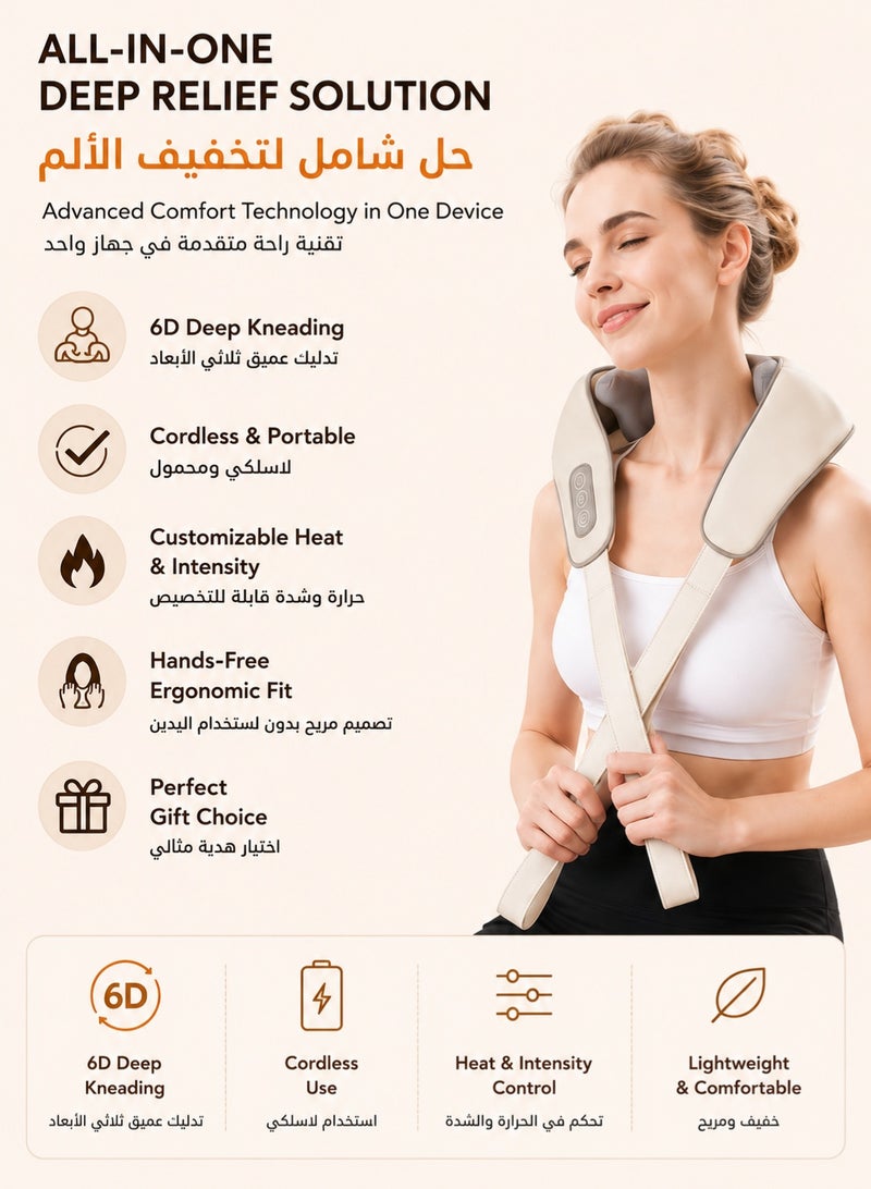 وسادة تدليك لاسلكية قابلة لإعادة الشحن مع خاصية التسخين، جهاز تدليك بتقنية "شياتسو" (Shiatsu) للتدليك العميق للأنسجة وحركة العجن ثلاثية الأبعاد (6D)، جهاز تدليك كهربائي لاسلكي لتخفيف آلام وتشنجات عضلات الرقبة والكتف والظهر والخصر والساقين، متعدد الاستخدامات للمنزل والمكتب والسيارة. - Image 3