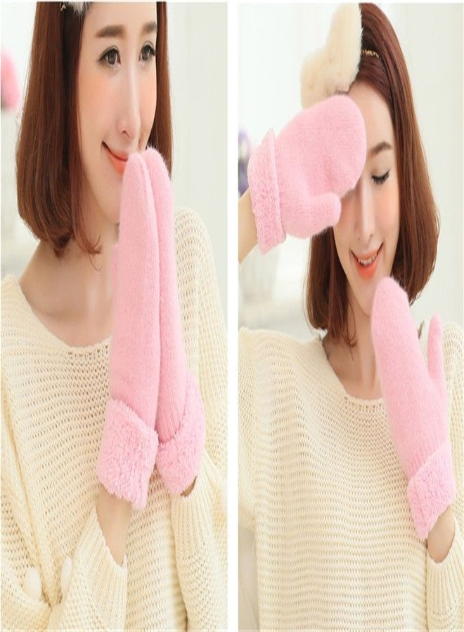 Vimeet Winter Thicken Warmer Women Gloves Knitted Wool Plush Full Finger Mittens (Pink) - Image 4