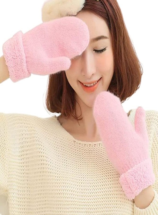 Vimeet Winter Thicken Warmer Women Gloves Knitted Wool Plush Full Finger Mittens (Pink) - Image 1