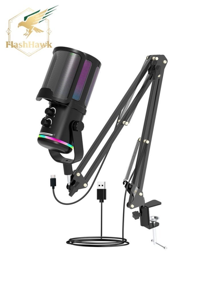 FlashHawk USB Gaming Microphone for PC, RGB Dynamic Mic with Boom Arm Stand, Noise Cancelling Mic for Streaming, Podcasting, YouTube, Discord, Tap-to-Mute, Gain Control, Real-Time Monitoring - Image 1