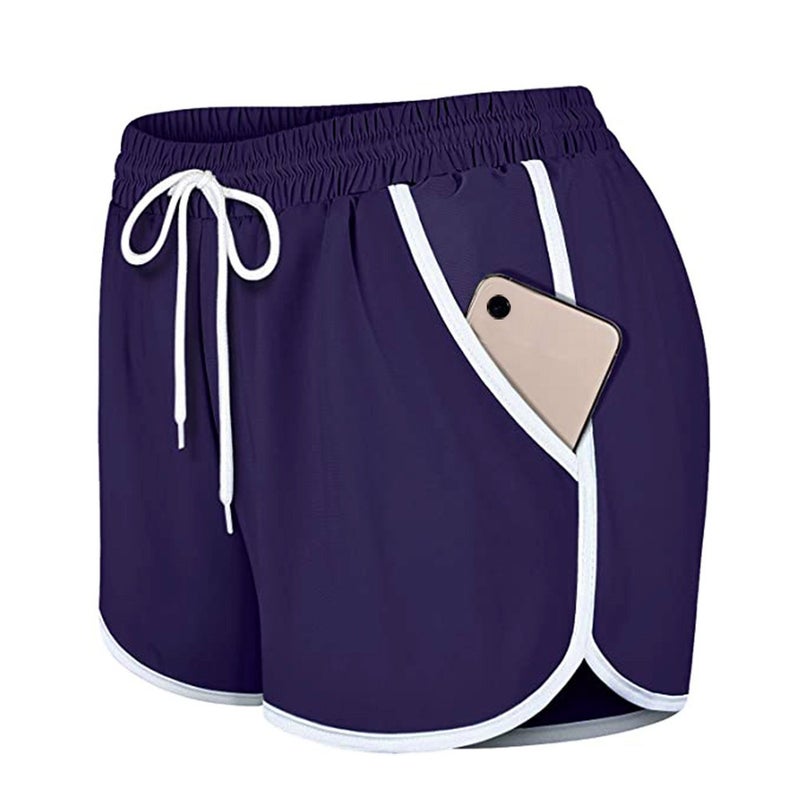 Womens casual shorts pocket sports fitness running yoga tennis pants spot (with waist rope) Purple Blue  - Image 1