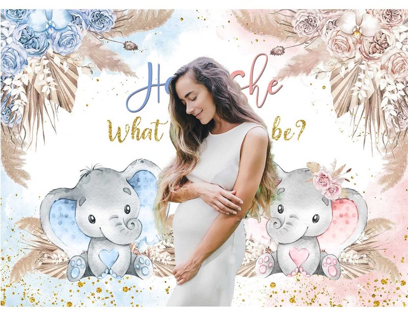 Sensfun Boho Elephant Gender Reveal Backdrop He or She What Will Baby Be Gender Reveal Party Decorations Pink Blue Pampas Grass Photography Background Boy or Girl Baby Shower Photoshoot Props 7x5ft - Image 2