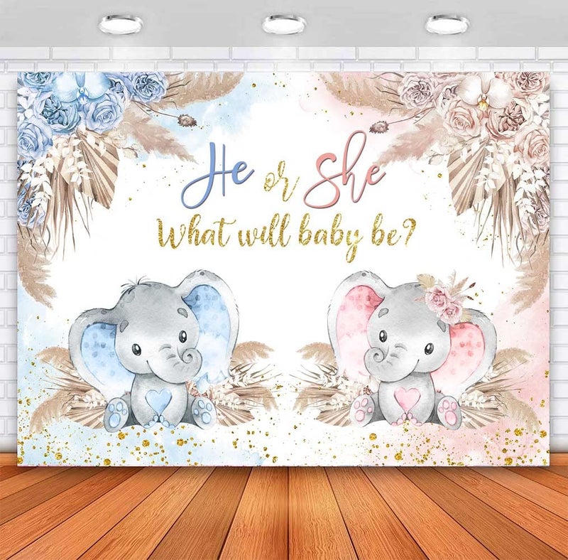 Sensfun Boho Elephant Gender Reveal Backdrop He or She What Will Baby Be Gender Reveal Party Decorations Pink Blue Pampas Grass Photography Background Boy or Girl Baby Shower Photoshoot Props 7x5ft - Image 1