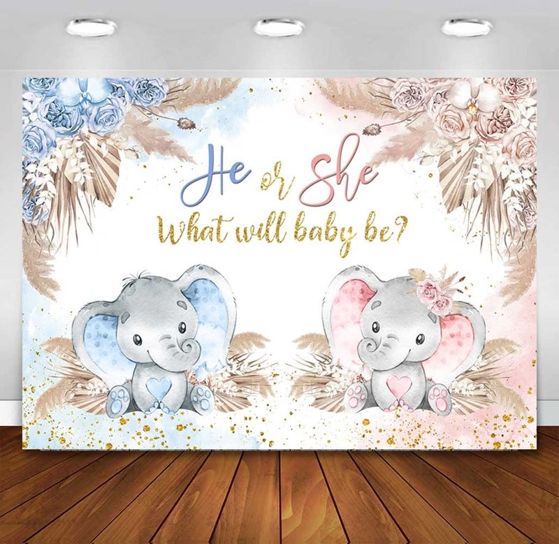 Sensfun Boho Elephant Gender Reveal Backdrop He or She What Will Baby Be Gender Reveal Party Decorations Pink Blue Pampas Grass Photography Background Boy or Girl Baby Shower Photoshoot Props 7x5ft - Image 4