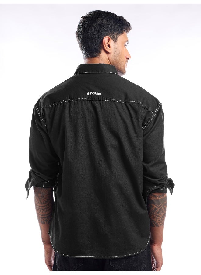 Beyoung Black Contrast Stitch Jacket Shirt for Men  - Image 2