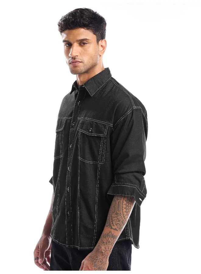 Beyoung Black Contrast Stitch Jacket Shirt for Men