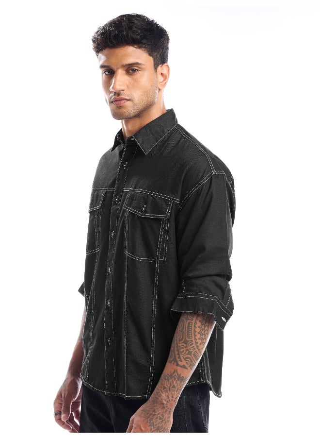 Beyoung Black Contrast Stitch Jacket Shirt for Men  - Image 3