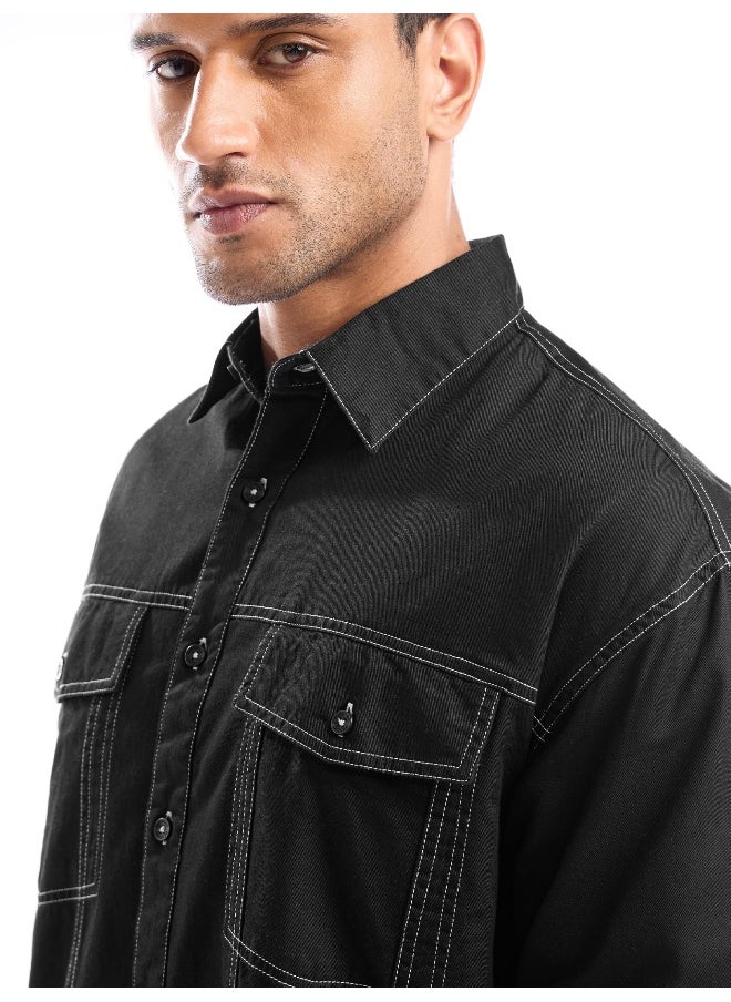 Beyoung Black Contrast Stitch Jacket Shirt for Men  - Image 4