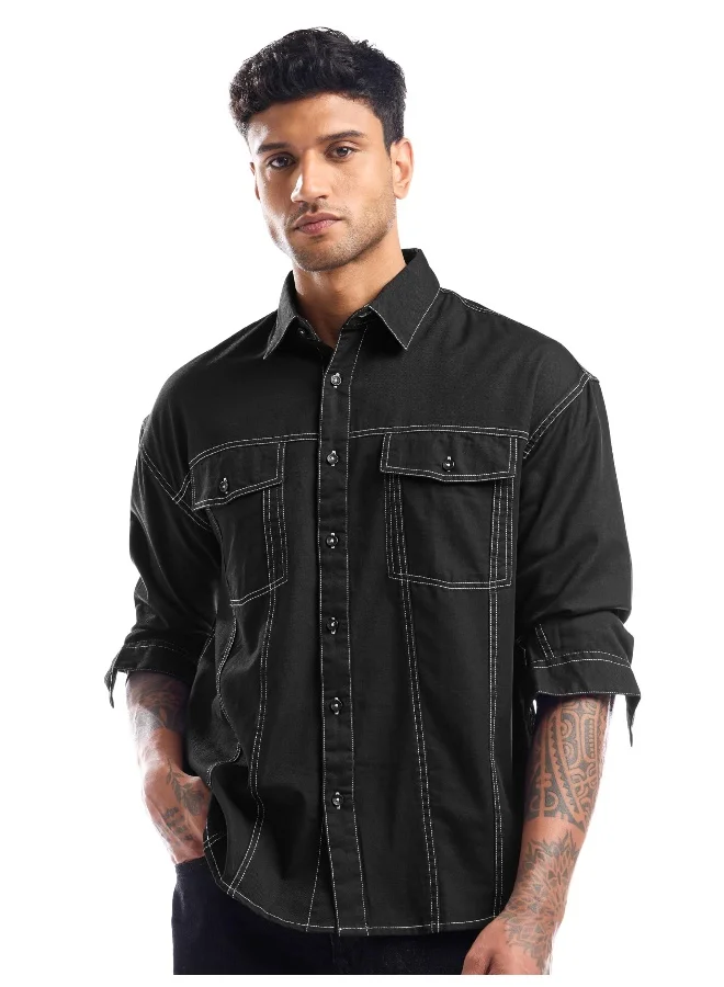 Beyoung Black Contrast Stitch Jacket Shirt for Men