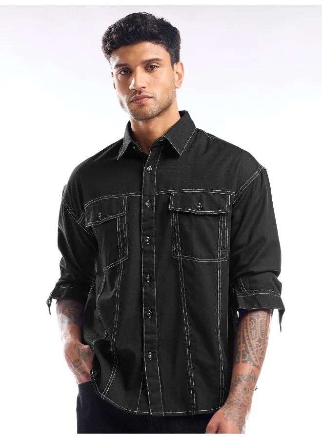 Beyoung Black Contrast Stitch Jacket Shirt for Men