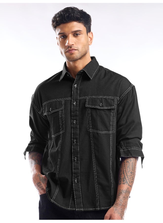 Beyoung Black Contrast Stitch Jacket Shirt for Men  - Image 5