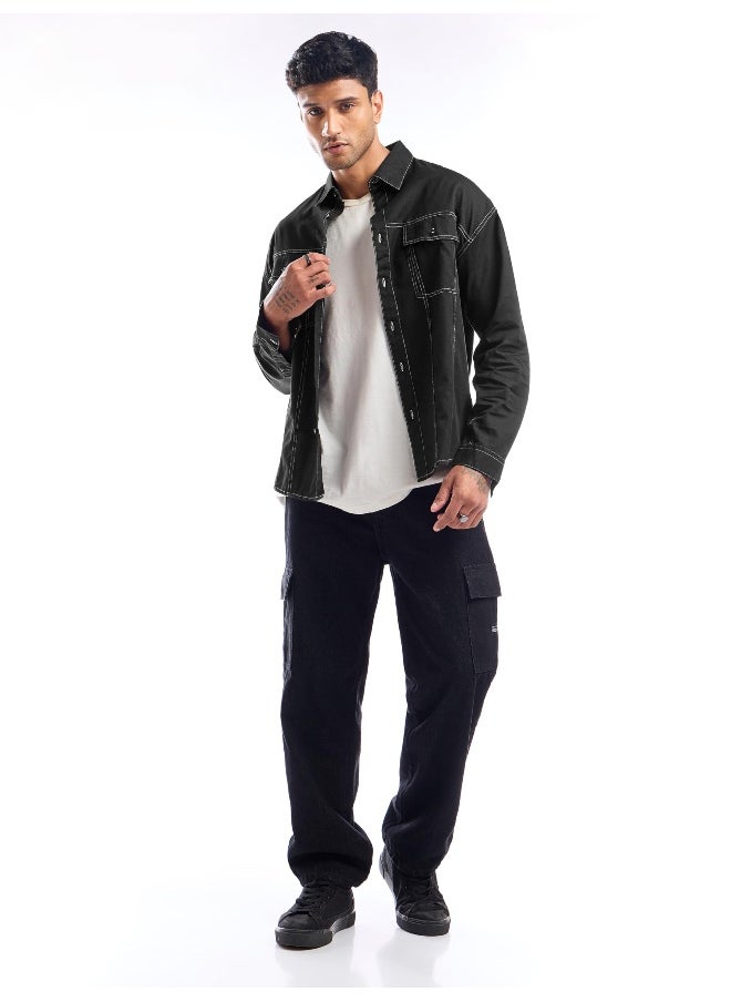 Beyoung Black Contrast Stitch Jacket Shirt for Men  - Image 1