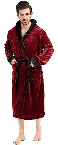 NY Threads روب رجال NY Threads مع غطاء رأس، روب حمام فخم من الفليس مع غطاء رأس، روب سبا للرجال، كبير/كبير جداً، بورغندي وأسود - Image 4