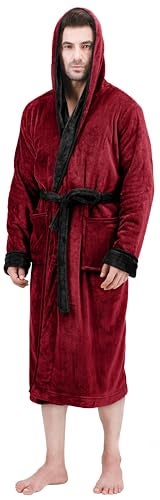 NY Threads روب رجال NY Threads مع غطاء رأس، روب حمام فخم من الفليس مع غطاء رأس، روب سبا للرجال، كبير/كبير جداً، بورغندي وأسود - Image 1