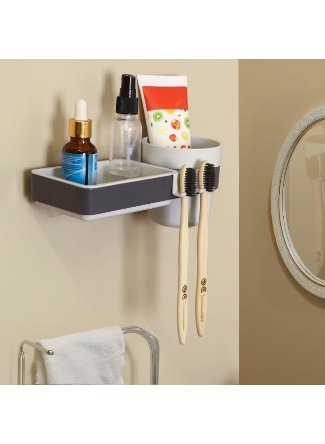 حامل فرشاة الأسنان والصابون 3 في 1 جداري بدون حفر مع كوب مضمضة ومنظم مستلزمات الحمام تصميم عملي لتحمل وزن حتى 1.5 كجم مناسب للأسطح الملساء مثل السيراميك والرخام والزجاج والبلاستيك الناعم سهل التركيب باستخدام لاصق قوي مقاوم للماء والرطوبة مثالي للاستخدام اليومي في الحمام والمطبخ وتنظيم الأدوات الشخصية بأمان وأناقة - Image 1