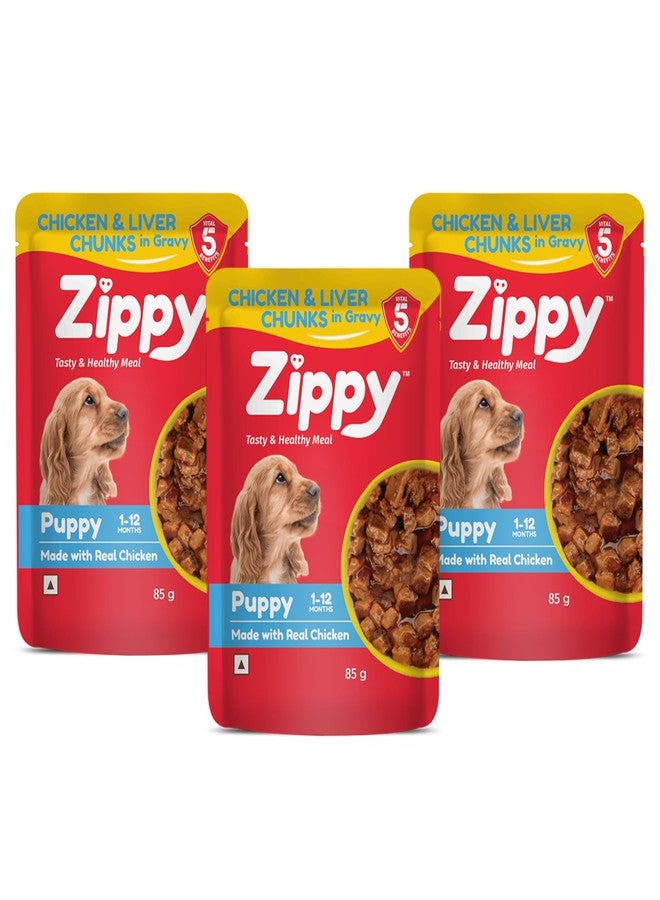ZIPPY 1-12 Month Puppy Dog Food 255g, Pack of 3 (85g Each Pack) Chicken & Liver Chunks in Gravy of Real Chicken | Gravy Meal Helps Strengthen Dog’s Immune System | Maintaining Strong Bones & Teeth - Image 1