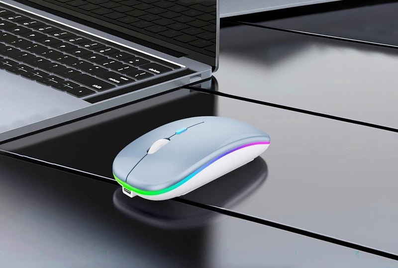 فأرة لاسلكية بلوتوث WREANU قابلة لإعادة الشحن لأجهزة الكمبيوتر المحمولة مع أضواء LED هادئة ونحيفة (BT5.2 و USB محمول 2.4G) فأرة كمبيوتر ثنائية الوضع لأجهزة الكمبيوتر المحمولة / iPad / Tablet / Apple / Computer / Mac (أزرق) - Image 4