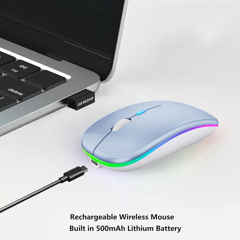 فأرة لاسلكية بلوتوث WREANU قابلة لإعادة الشحن لأجهزة الكمبيوتر المحمولة مع أضواء LED هادئة ونحيفة (BT5.2 و USB محمول 2.4G) فأرة كمبيوتر ثنائية الوضع لأجهزة الكمبيوتر المحمولة / iPad / Tablet / Apple / Computer / Mac (أزرق) - Image 2