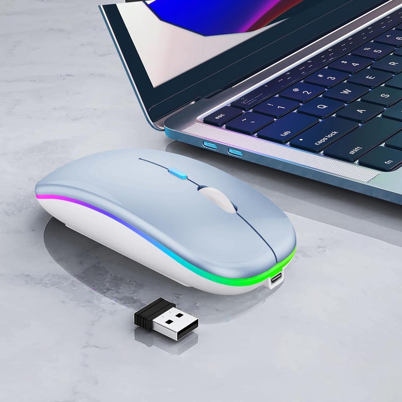 فأرة لاسلكية بلوتوث WREANU قابلة لإعادة الشحن لأجهزة الكمبيوتر المحمولة مع أضواء LED هادئة ونحيفة (BT5.2 و USB محمول 2.4G) فأرة كمبيوتر ثنائية الوضع لأجهزة الكمبيوتر المحمولة / iPad / Tablet / Apple / Computer / Mac (أزرق) - Image 3