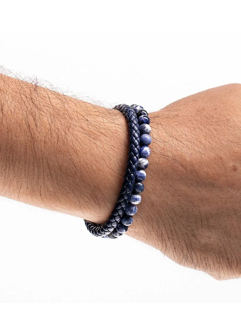 CHRYSOSTOMOS Handmade Leather Beaded Bracelet for Men with Double Blue Leather and Blue Sodalite