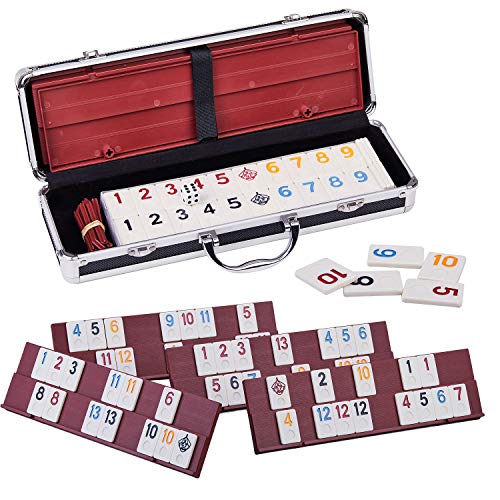 Doublefan Rummy Cube 4 Player Edition, 106 Rummy Cube Game Set with with 4 Plastic Racks in Portable Aluminum Case, Classic Board Game for Adults and - Image 1