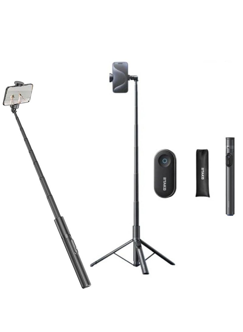 RTAKO 3-in-1 Selfie Stick Tripod with Bluetooth Remote – 170cm Extendable, Auto-Open Tripod, 720° Rotation, Carbon Fiber Anti-Shake, Universal Phone Holder for iPhone/Android – Perfect for Vlogging, Live Streaming & Travel - Image 1