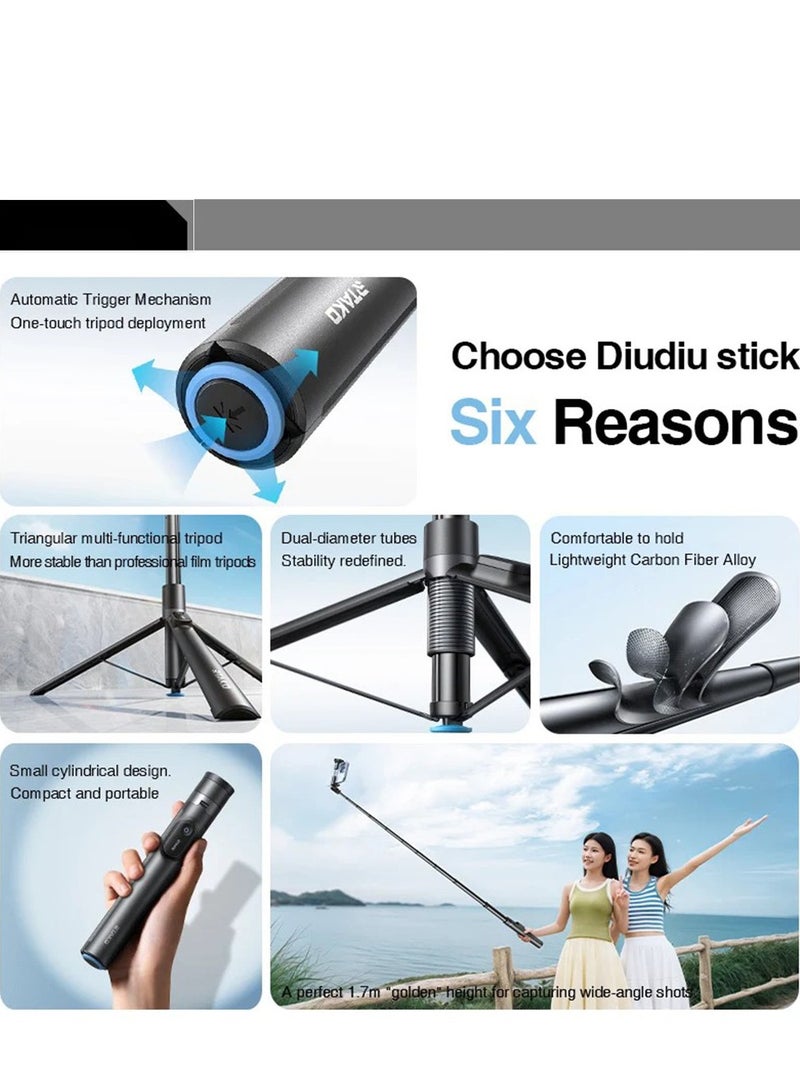 RTAKO 3-in-1 Selfie Stick Tripod with Bluetooth Remote – 170cm Extendable, Auto-Open Tripod, 720° Rotation, Carbon Fiber Anti-Shake, Universal Phone Holder for iPhone/Android – Perfect for Vlogging, Live Streaming & Travel - Image 2