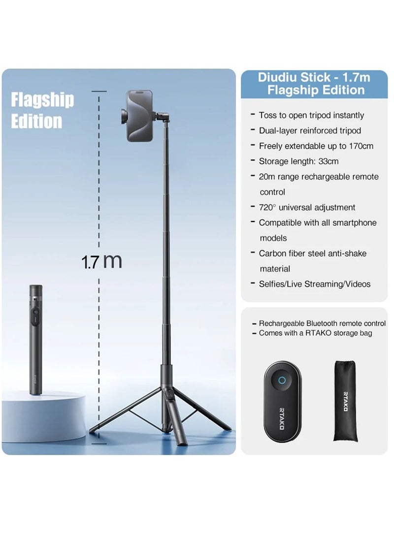 RTAKO 3-in-1 Selfie Stick Tripod with Bluetooth Remote – 170cm Extendable, Auto-Open Tripod, 720° Rotation, Carbon Fiber Anti-Shake, Universal Phone Holder for iPhone/Android – Perfect for Vlogging, Live Streaming & Travel - Image 5