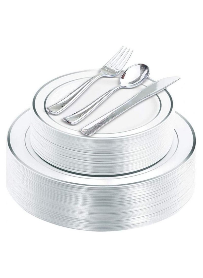 Alissa - 125 Piece Silver Rim Plastic Plates & Silver Plastic Silverware Service for 25 Guests 25 Dinner Plates 25 Dessert Salad Plates 25 Forks 25 Knives 25 Spoons Party Home Dinner Outdoor Parties - Image 1