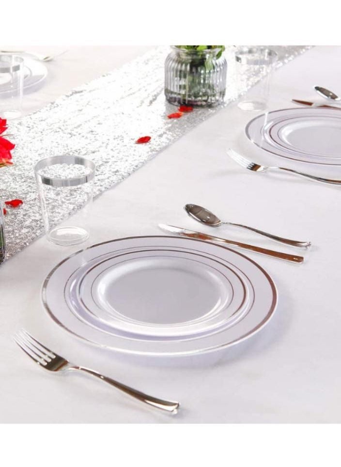 Alissa - 125 Piece Silver Rim Plastic Plates & Silver Plastic Silverware Service for 25 Guests 25 Dinner Plates 25 Dessert Salad Plates 25 Forks 25 Knives 25 Spoons Party Home Dinner Outdoor Parties - Image 1