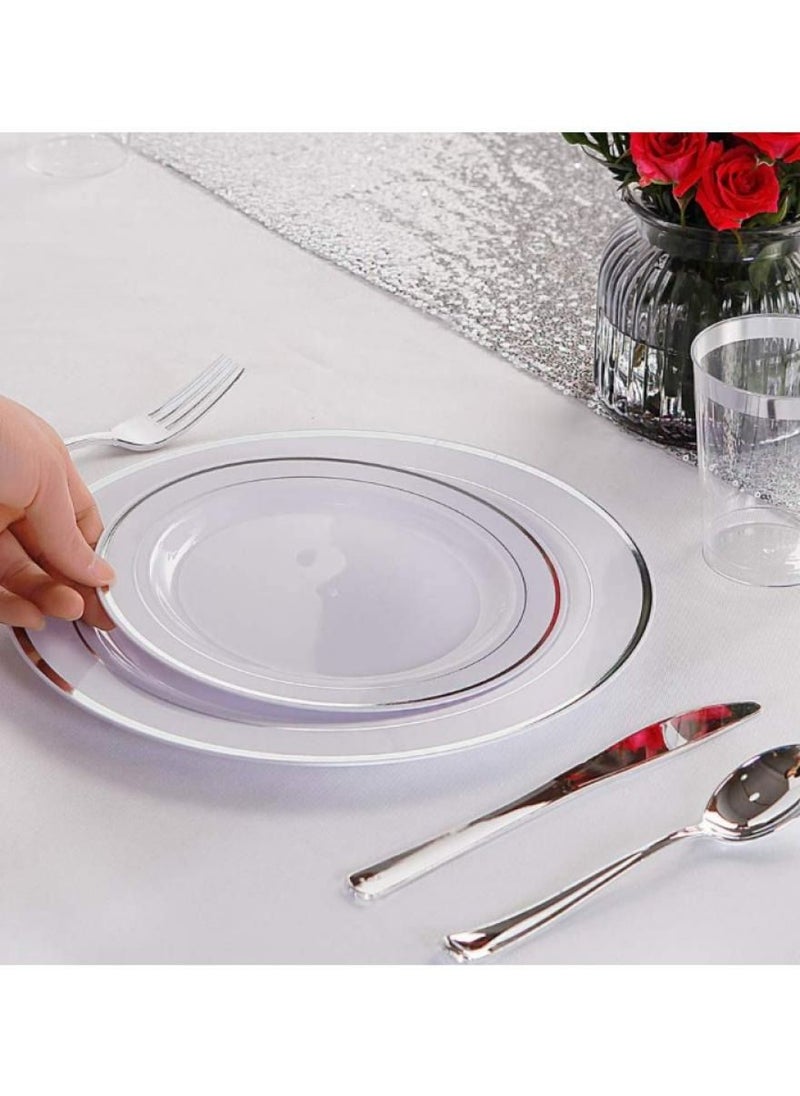 Alissa - 125 Piece Silver Rim Plastic Plates & Silver Plastic Silverware Service for 25 Guests 25 Dinner Plates 25 Dessert Salad Plates 25 Forks 25 Knives 25 Spoons Party Home Dinner Outdoor Parties - Image 1