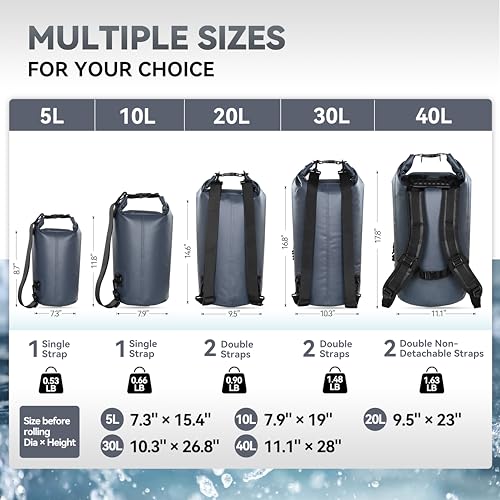 MARCHWAY Floating Waterproof Dry Bag Backpack 5L/10L/20L/30L/40L, Roll Top Sack Keeps Gear Dry for Kayaking, Rafting, Boating, Swimming, Camping, Hiking, Beach, Fishing (Grey, 10L) - Image 3