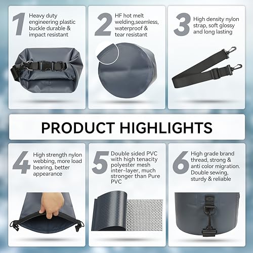 MARCHWAY Floating Waterproof Dry Bag Backpack 5L/10L/20L/30L/40L, Roll Top Sack Keeps Gear Dry for Kayaking, Rafting, Boating, Swimming, Camping, Hiking, Beach, Fishing (Grey, 10L) - Image 5