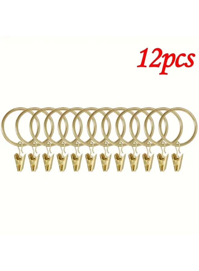 12 Pack Golden Metal Curtain Rings With Clips Rust Proof Vintage Decorative Pole Hooks - Image 1