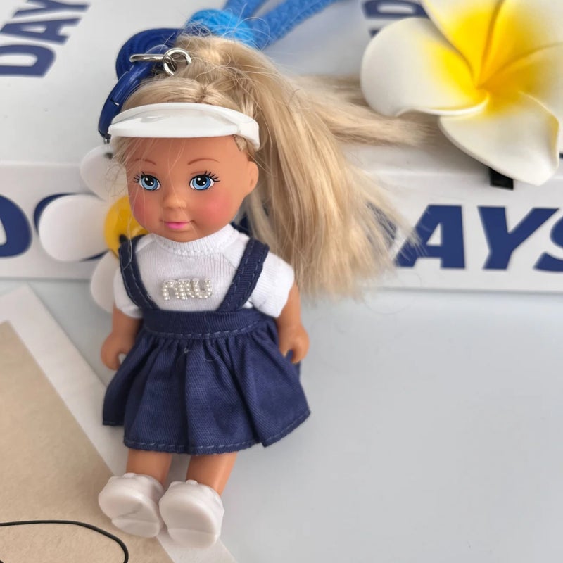 Tennis Barbie Girl Bag Pendant Keychain Cartoon Doll Doll DIY Girl Gift Creative Cross Border Blue Suspender Skirt White Hat Baby Pendant