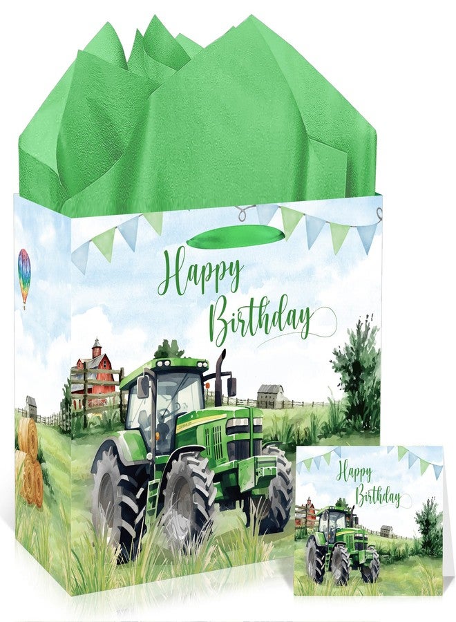 EoBeCy Tractor Birthday Gift Bags with Handles, Tissue Papers and Card, Farm Themed Wrapping Paper for Baby Boys Kids Men Birthday Party Decorations - Image 1