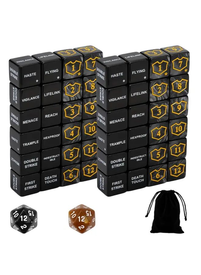 50pcs Mute Function Dice Set for MTG TCG Card Games Black with Golden Text Storage Bag - Image 1