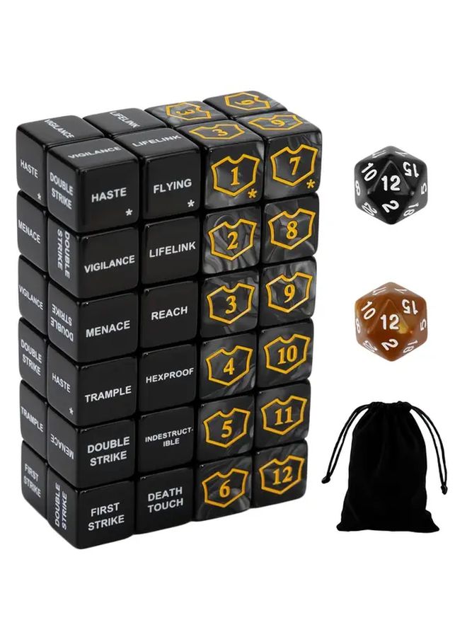 50pcs Mute Function Dice Set for MTG TCG Card Games Black with Golden Text Storage Bag - Image 3