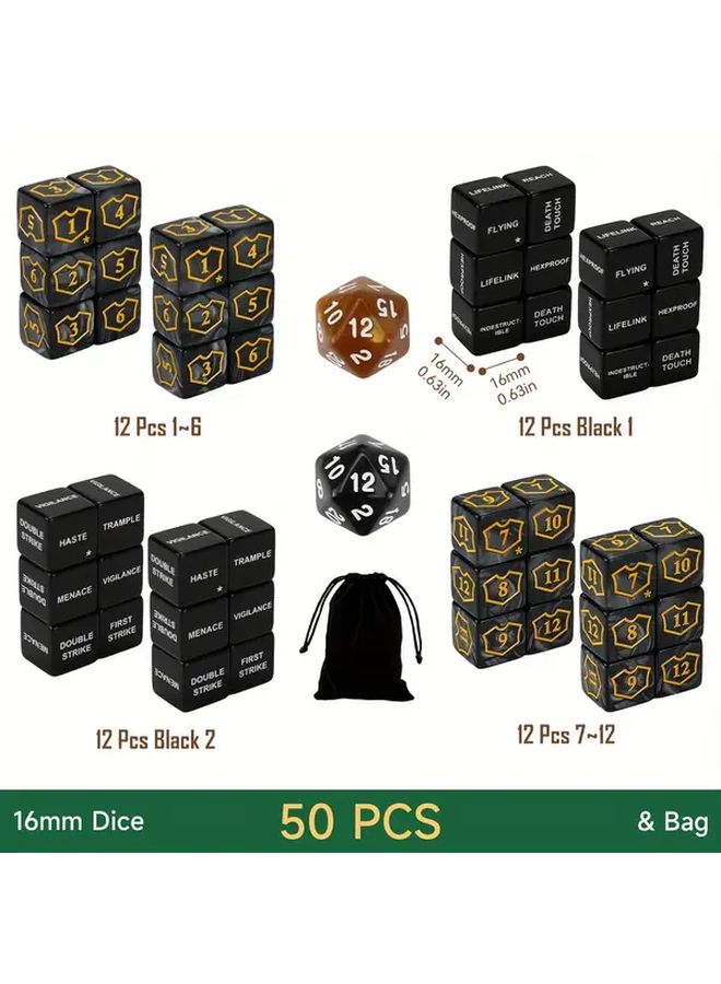 50pcs Mute Function Dice Set for MTG TCG Card Games Black with Golden Text Storage Bag - Image 2