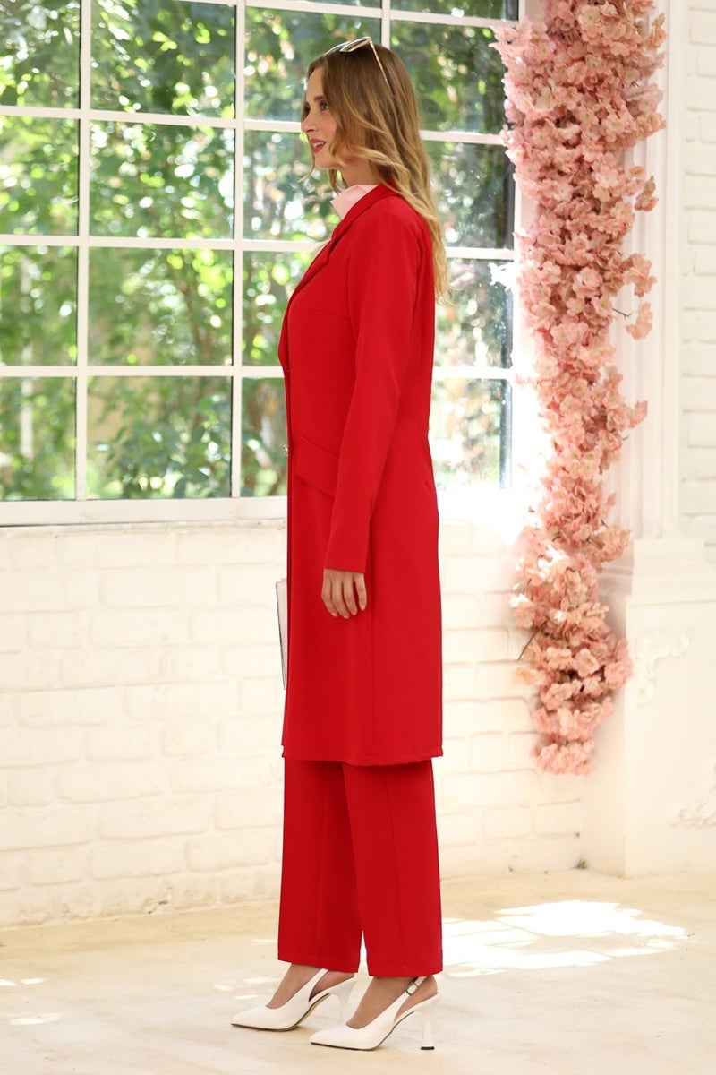 Esilanur Elegant Jacket Trousers Two Piece Hijab Suit Red  - Image 4