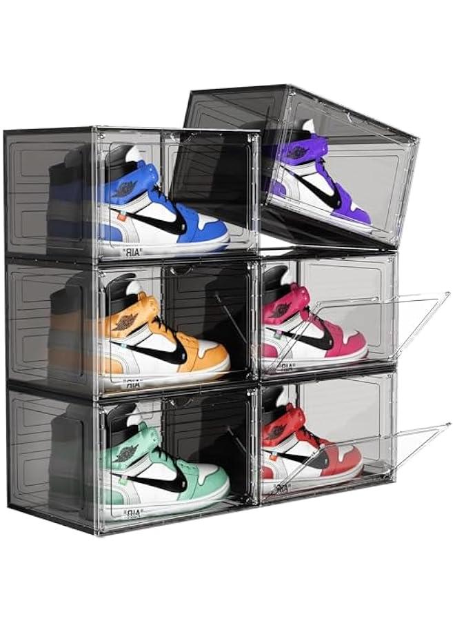HOOKOR Stackable Shoe Boxes With Magnetic Front Door, 6 Pack Clear Plastic Organizer and Display Case,Stackable Boxes for Closet, Foldable Space-Saving Shoe Rack, Plastic Shoe Box (Black) - Image 1