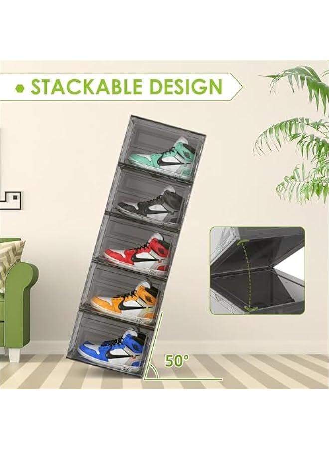 HOOKOR Stackable Shoe Boxes With Magnetic Front Door, 6 Pack Clear Plastic Organizer and Display Case,Stackable Boxes for Closet, Foldable Space-Saving Shoe Rack, Plastic Shoe Box (Black) - Image 5